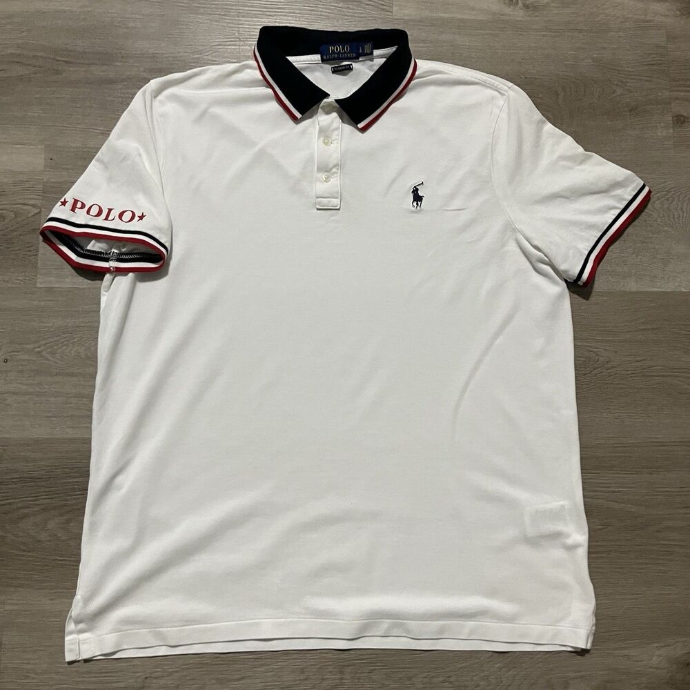 Ralph Lauren Polo Shirt Cotton Short Sleeve Classic Fit Red White Striped Large